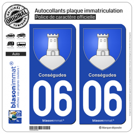 2 Autocollants plaque immatriculation Auto 06 Conségudes - Armoiries