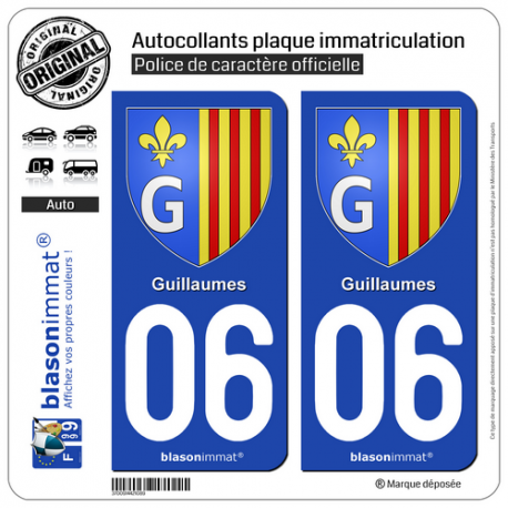 2 Autocollants plaque immatriculation Auto 06 Guillaumes - Armoiries