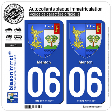 2 Autocollants plaque immatriculation Auto 06 Menton - Armoiries