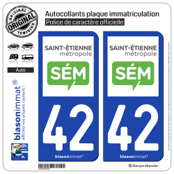 2 Autocollants plaque immatriculation Auto 42 Saint-Etienne - Métropole