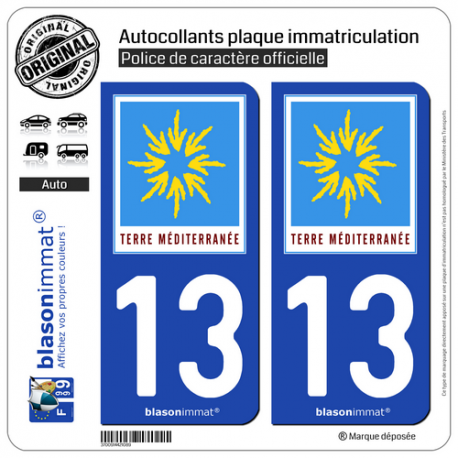 2 Autocollants plaque immatriculation Auto 13 PACA - Terre Méditerranée