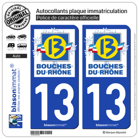 2 Autocollants plaque immatriculation Auto 13 Bouches-du-Rhône - Département