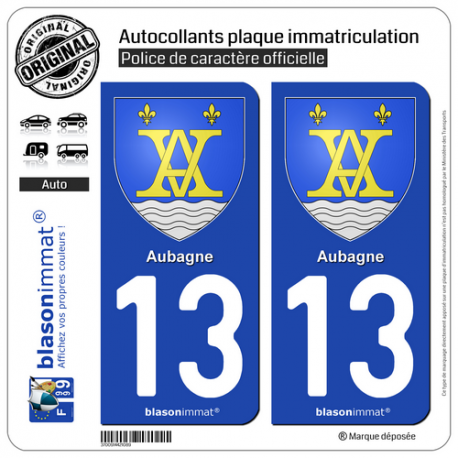 2 Autocollants plaque immatriculation Auto 13 Aubagne - Armoiries