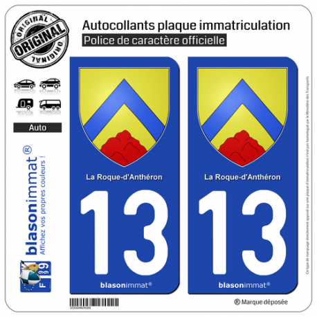 2 Autocollants plaque immatriculation Auto 13 La Roque-d'Anthéron - Armoiries