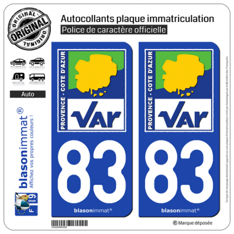 2 Autocollants plaque immatriculation Auto 83 Var - Département