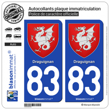 2 Autocollants plaque immatriculation Auto 83 Draguignan - Armoiries