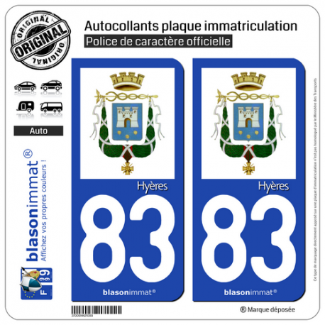 2 Autocollants plaque immatriculation Auto 83 Hyères - Armoiries II