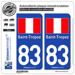 2 Autocollants plaque immatriculation Auto 83 Saint-Tropez - Drapeau