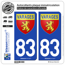 2 Autocollants plaque immatriculation Auto 83 Varages - Armoiries