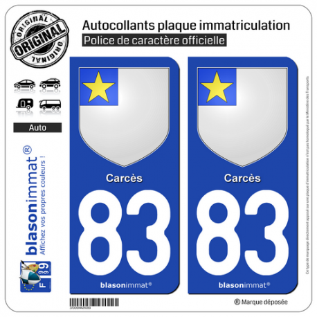 2 Autocollants plaque immatriculation Auto 83 Carcès - Armoiries