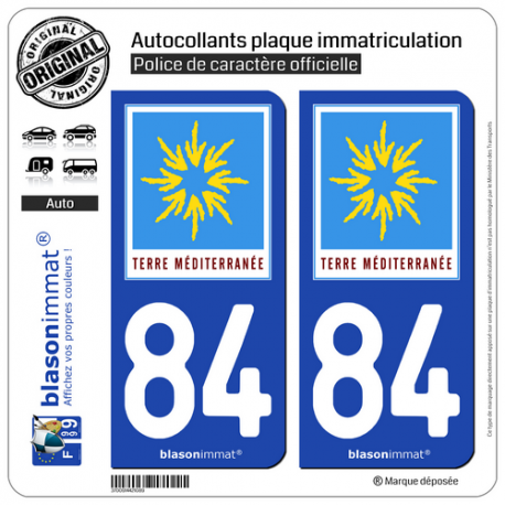 2 Autocollants plaque immatriculation Auto 84 PACA - Terre Méditerranée