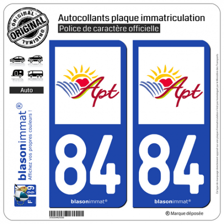 2 Autocollants plaque immatriculation Auto 84 Apt - Ville
