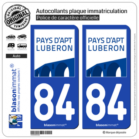 2 Autocollants plaque immatriculation Auto 84 Apt - Agglo