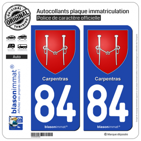 2 Autocollants plaque immatriculation Auto 84 Carpentras - Armoiries