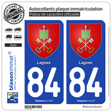 2 Autocollants plaque immatriculation Auto 84 Lagnes - Armoiries