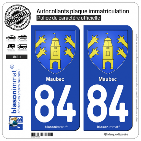 2 Autocollants plaque immatriculation Auto 84 Maubec - Armoiries