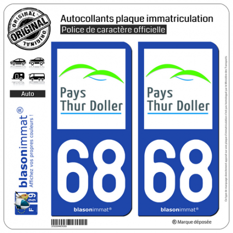 2 Autocollants plaque immatriculation Auto 68 Thur Doller - Pays