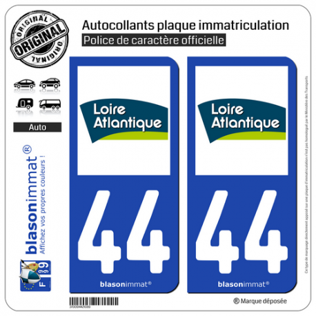 2 Autocollants plaque immatriculation Auto 44 Loire-Atlantique - Département