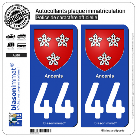 2 Autocollants plaque immatriculation Auto 44 Ancenis - Armoiries