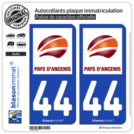 2 Autocollants plaque immatriculation Auto 44 Ancenis - Agglo