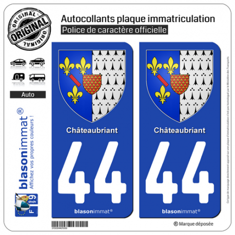 2 Autocollants plaque immatriculation Auto 44 Châteaubriant - Armoiries
