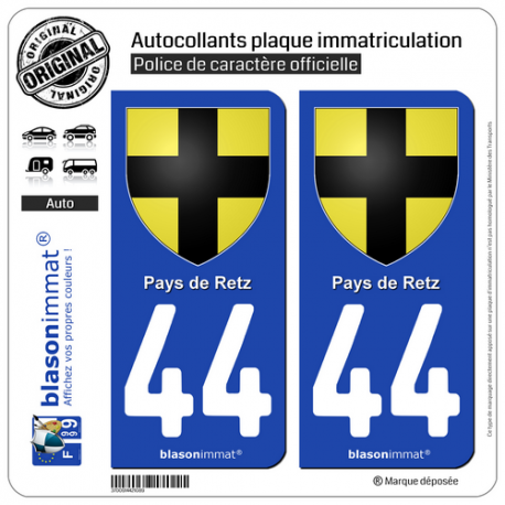 2 Autocollants plaque immatriculation Auto 44 Pays de Retz - Armoiries