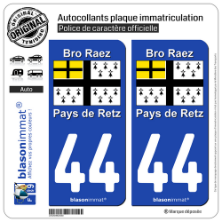 2 Autocollants plaque immatriculation Auto 44 Pays de Retz - Drapeau