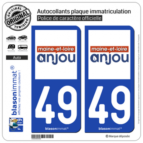 2 Autocollants plaque immatriculation Auto 49 Maine-et-Loire - Département