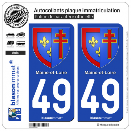 2 Autocollants plaque immatriculation Auto 49 Maine-et-Loire - Armoiries