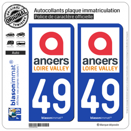 2 Autocollants plaque immatriculation Auto 49 Angers - Tourisme