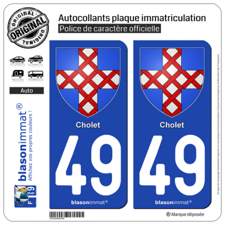 2 Autocollants plaque immatriculation Auto 49 Cholet - Armoiries