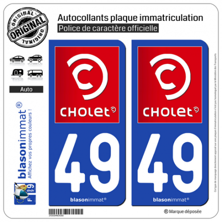 2 Autocollants plaque immatriculation Auto 49 Cholet - Ville