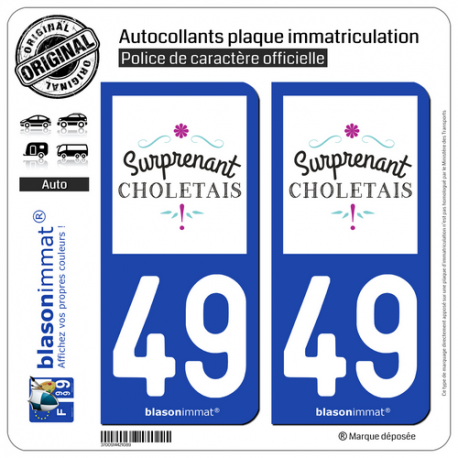 2 Autocollants plaque immatriculation Auto 49 Cholet - Tourisme