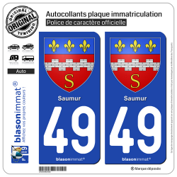 2 Autocollants plaque immatriculation Auto 49 Saumur - Armoiries