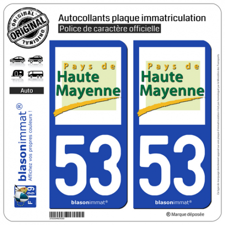 2 Autocollants plaque immatriculation Auto 53 Haute Mayenne - Pays