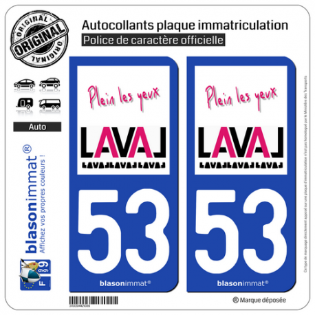 2 Autocollants plaque immatriculation Auto 53 Laval - Tourisme