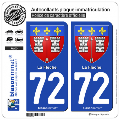 2 Autocollants plaque immatriculation Auto 72 La Flèche - Armoiries
