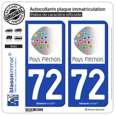 2 Autocollants plaque immatriculation Auto 72 La Flèche - Pays