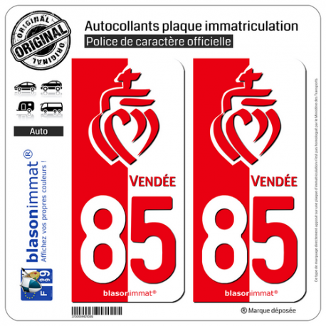 2 Autocollants plaque immatriculation Auto 85 Vendée - Collector