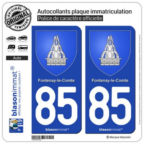 2 Autocollants plaque immatriculation Auto 85 Fontenay-le-Comte - Armoiries