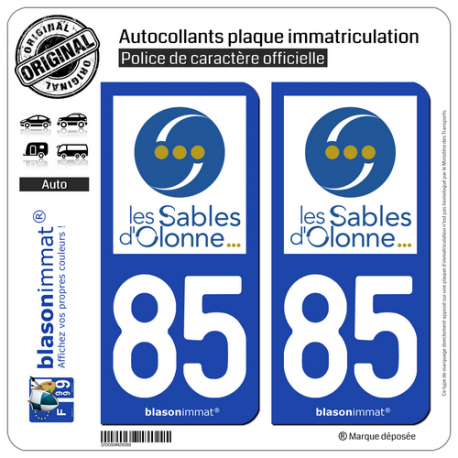 2 Autocollants plaque immatriculation Auto 85 Les Sables d'Olonne - Ville