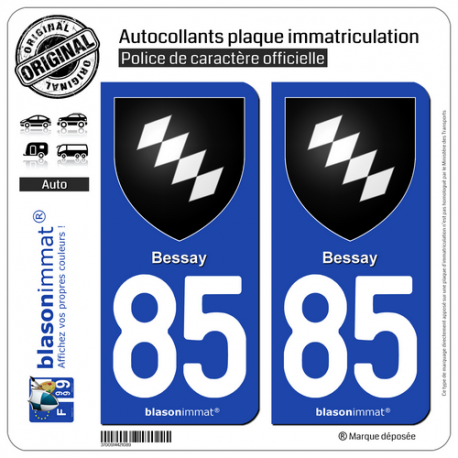 2 Autocollants plaque immatriculation Auto 85 Bessay - Armoiries