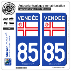 2 Autocollants plaque immatriculation Auto 85 Vendée - Drapeau à Croix scandinave