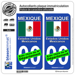 2 Autocollants plaque immatriculation Auto : Mexique - Drapeau