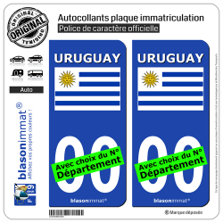 2 Autocollants plaque immatriculation Auto : Uruguay - Drapeau