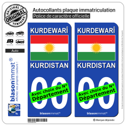 2 Autocollants plaque immatriculation Auto : Kurdistan - Drapeau