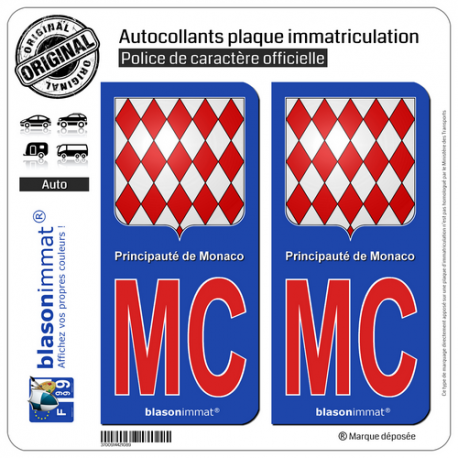 2 Autocollants plaque immatriculation Auto : MC Rouge Monaco - Blason