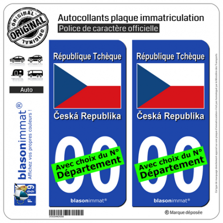 2 Autocollants plaque immatriculation Auto : Tchéquie - Drapeau