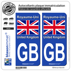 2 Autocollants plaque immatriculation Auto : GB Royaume-Uni - Drapeau