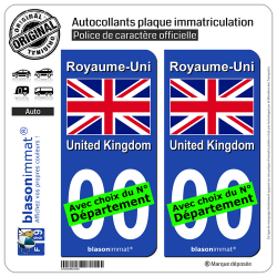 2 Autocollants plaque immatriculation Auto : Royaume-Uni - Drapeau